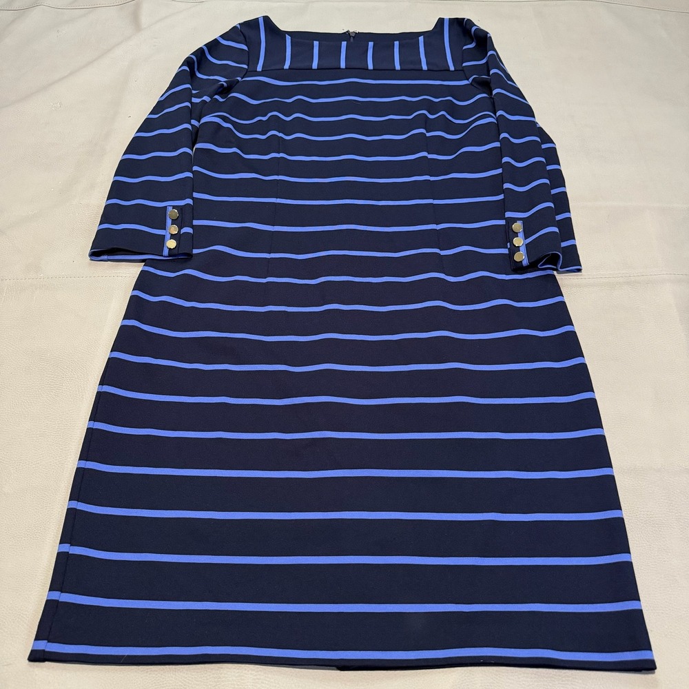 Talbots Women Navy Stripe Boatneck Sheath Dress Gold Button Cuff Stretch-12-6593